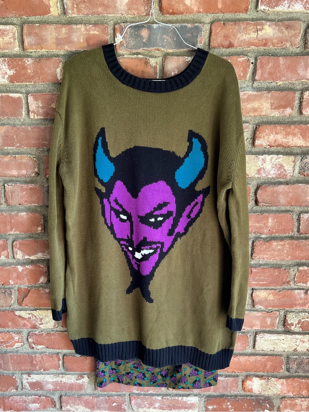 Betsey Johnson Olive Green Sweater with Purple & Blue Devil Graphic